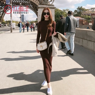 Đầm dệt kim dáng dài thời trang mùa thu hàn quốc◆◆đầm sweater dáng dài qua gối phong cách retro thanh lịch trẻ trung