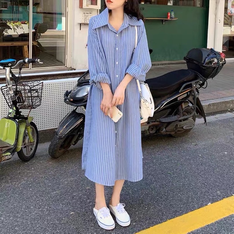 Áo váy sơ mi sọc xanh