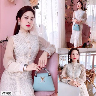 Váy ren body màu kem cổ tàu đuôi cá tay phối voan