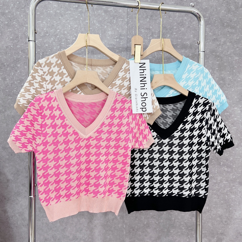 Áo len cổ tim form ôm hoạ tiết ziczac, Áo kiểu dáng ôm ngắn tay co giãn AL7219 - NhiNhi Shop