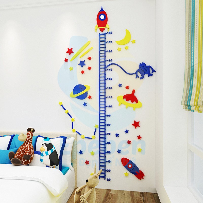 Tranh dán tường mica 3d decor khổ lớn Thước đo chiều cao cho bé tàu vũ trụ cầu Nhiều Size - EPeBen
