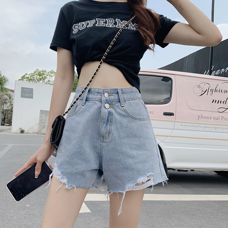Quần short denim ống rộng lưng cao rách thời trang mùa hè Hàn Quốc cho nữ