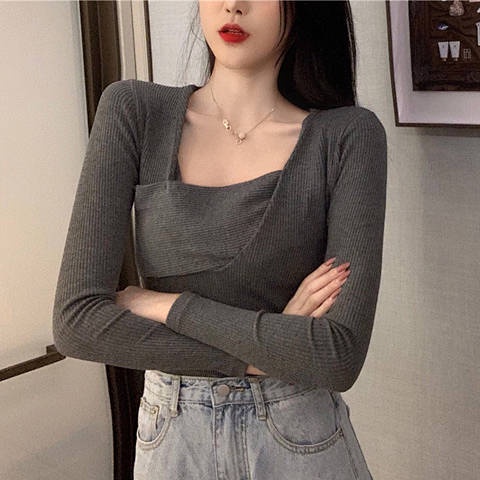 Áo Thun Tay Dài Cổ Vuông Form Ôm Màu Xám Phong Cách Retro Hong Kong Mới 2019 Cho Nữ | BigBuy360 - bigbuy360.vn