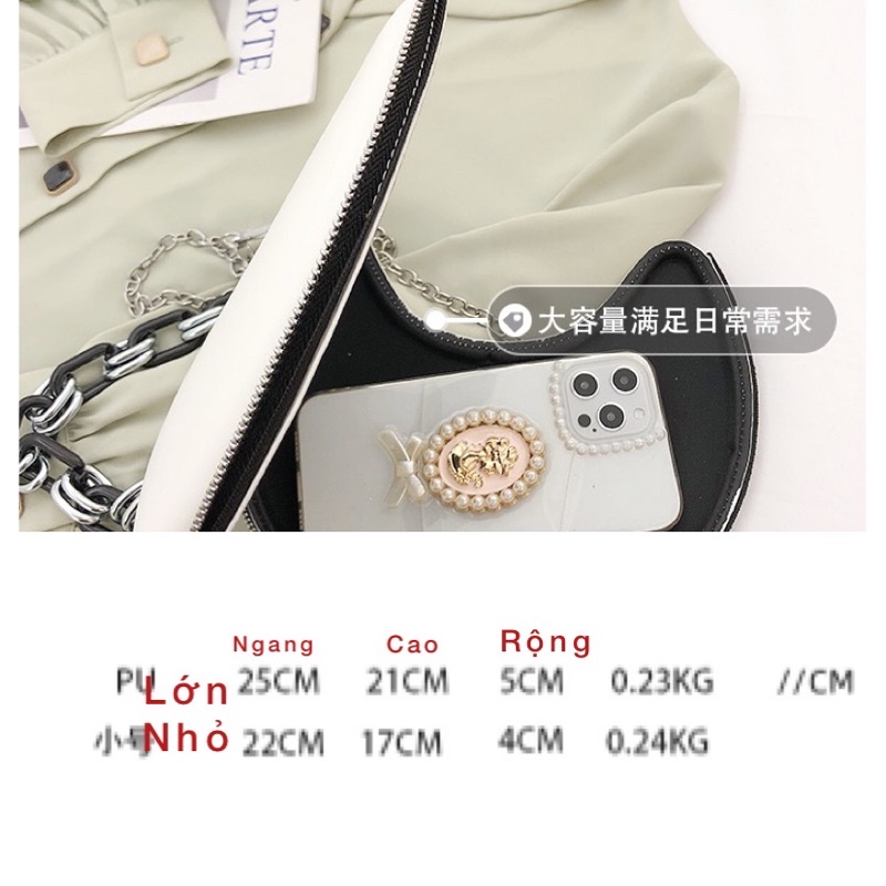 Túi xách hộp đeo chéo có size mini thiết kế dáng túi bán nguyệt phối dây xích cầm tay hot trend 2022
