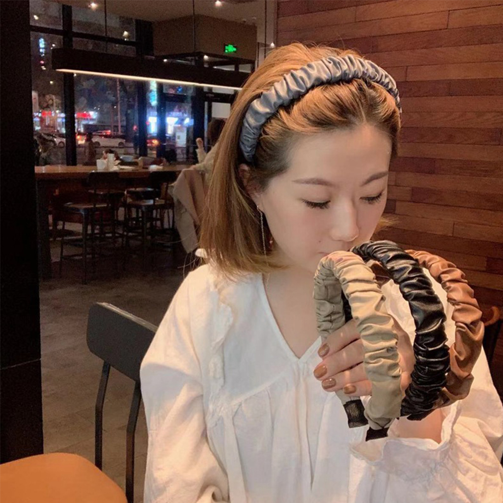 Băng đô da PU nhún nếp màu trơn phong cách Hàn Quốc vintage thời trang cho nữ