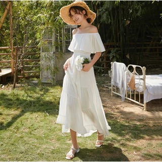 Váy maxi trắng trễ vai dáng dài