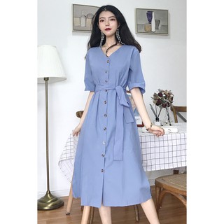 Váy dài cổ chữ V thắt eo, váy chữ A
