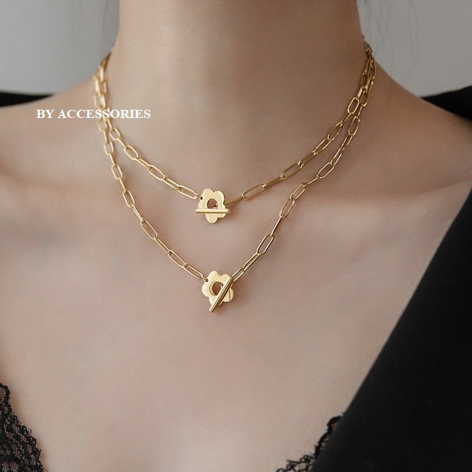 Choker titan xích chữ nhật phối khóa bông hoa không gỉ