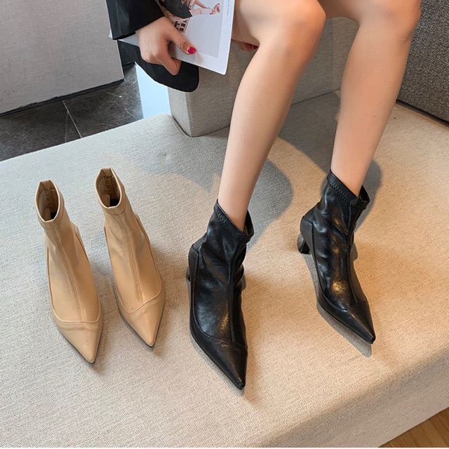 Boots nữ cổ ngắn mũi nhọn gót cao 5cm da mềm ôm chân