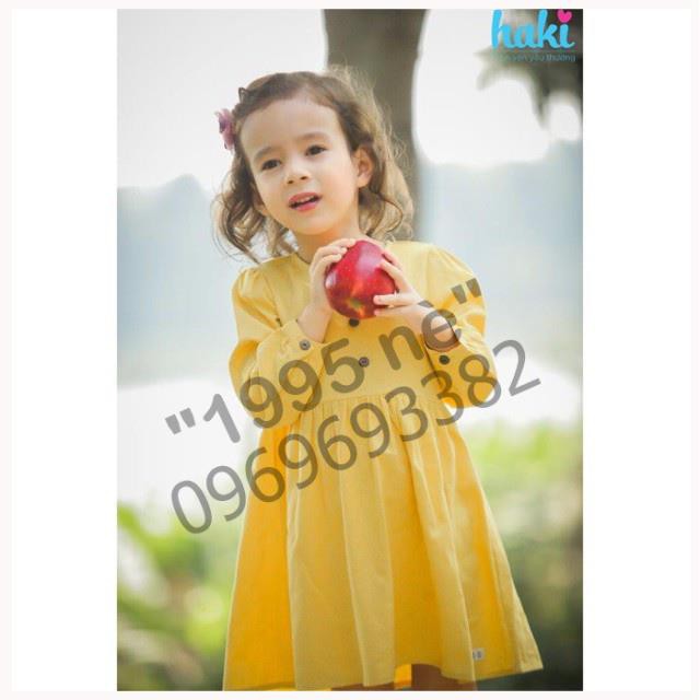 Váy bé gái dài tay Haki vải Linen cao cấp Vàng HK493 ( Hàng Việt Nam xuất khẩu)