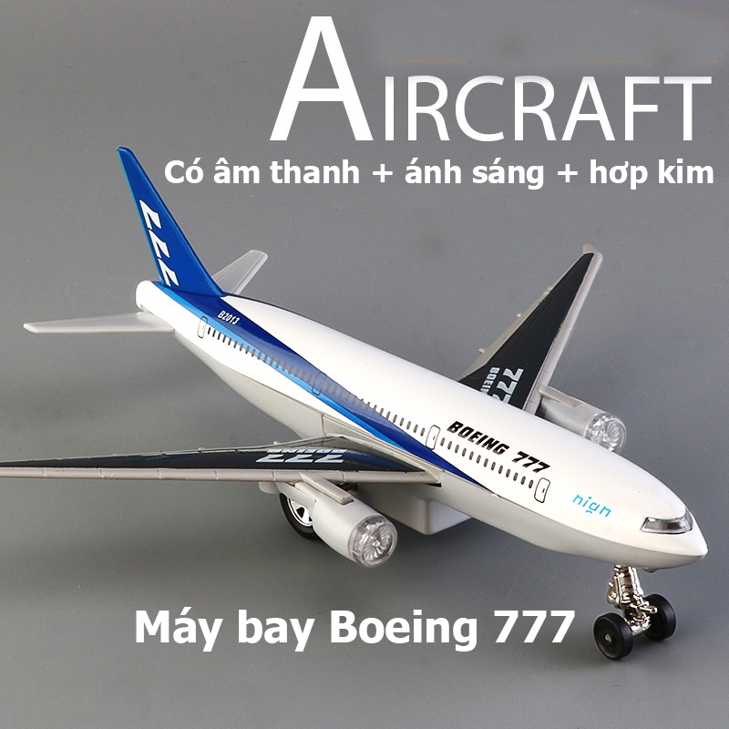 Đồ chơi mô hình máy bay Boeing 777 KAVY có âm thanh và ánh sáng bằng hợp kim kèm bánh xe và chân đế trang trí