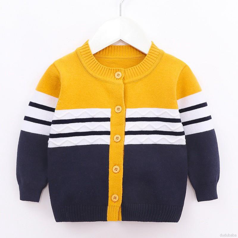 Áo Khoác Cardigan Dệt Kim Tay Dài Kẻ Sọc Dễ Thương Cho Bé Trai 0-2 Tuổi