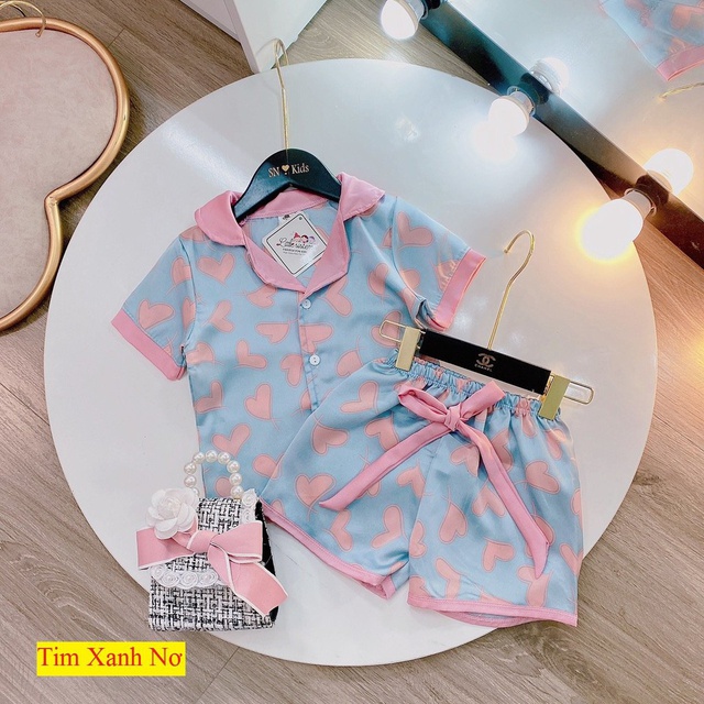 [8kg-22kg] Bộ Mặc Nhà Pijama Lụa Phối Nơ Cao Cấp Ngắn Tay Cho Bé Gái . Chất Liệu Lụa Mềm Mịn Thoáng Mát