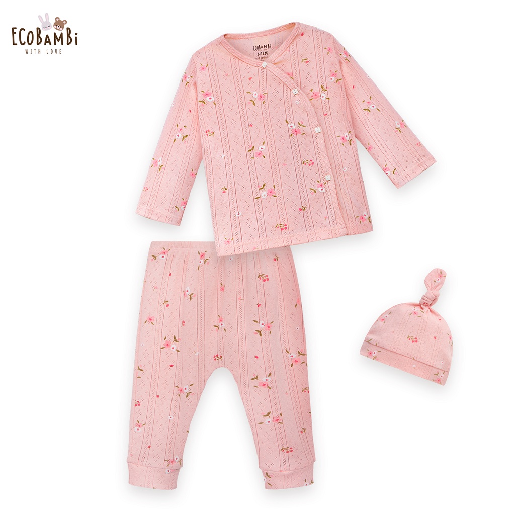 NEWBORN - Bộ thun cotton CÀI CHÉO, DÀI TAY dành cho trẻ sơ sinh, kiểu dệt Jacquard in hoạ tiết Ecobambi