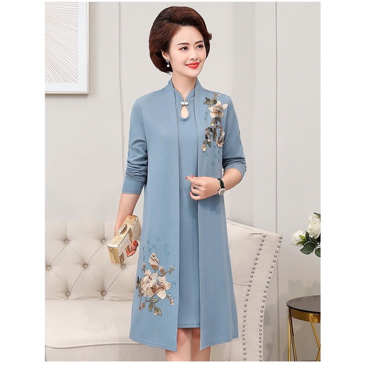 2021 mới kích thước lớn quần áo phụ nữ trung niên và cao tuổi váy sườn xám mùa xuân và mùa thu