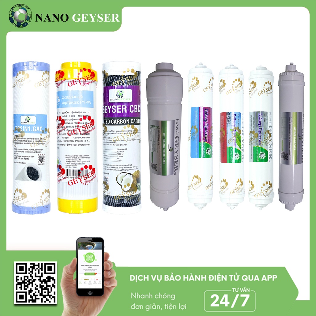 Bộ 8 lõi lọc nước dùng cho máy lọc nước công nghệ UF, Nano Geyser Eco Crystal, Aqua...