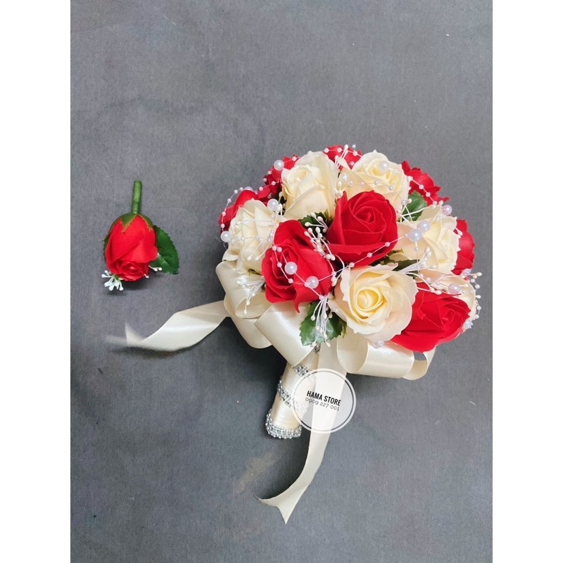 [ NOWSHIP ] - Bó hoa cưới cầm tay cô dâu bằng sáp thơm màu hột gà và màu đỏ tươi phối cùng dây hạt kết cườm