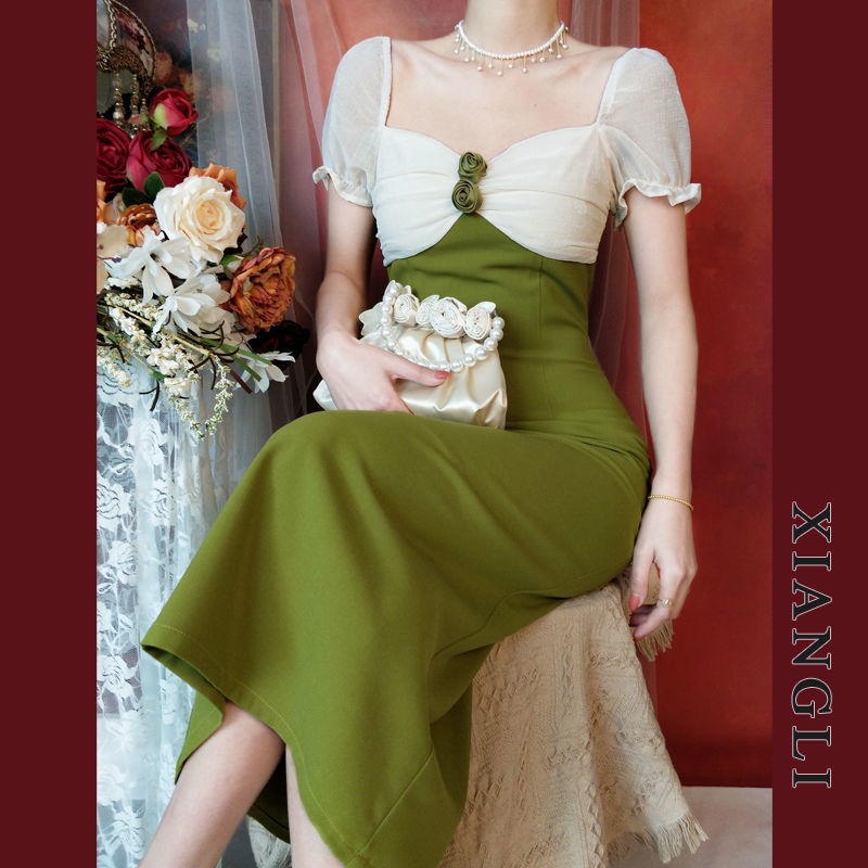 Đầm dáng dài IELGY màu xanh lá phong cách Pháp thời trang mùa hè xinh xắn cho nữ