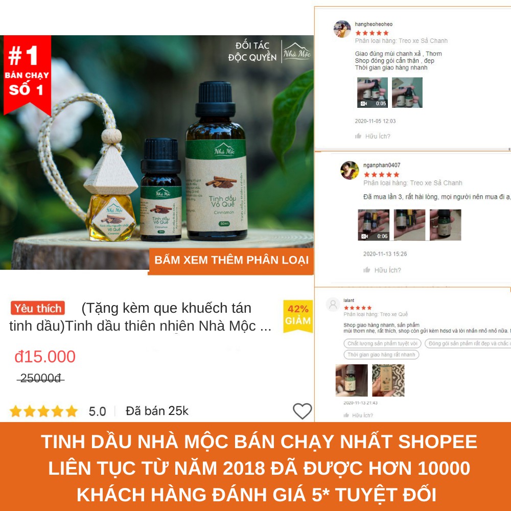 (Tặng que khuếch tán) Tinh dầu thiên nhiên Nhà Mộc nguyên chất giúp khử mùi, đuổi muỗi: tinh dầu sả chanh, bạc hà