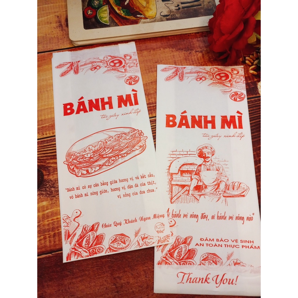 100 Túi Giấy ĐỰNG BÁNH MÌ TRUYỀN THỐNG Họa Tiết Đỏ (M.AN ĐỎ) Size 24x10x4cm (Giấy Thực Phẩm Kraft)