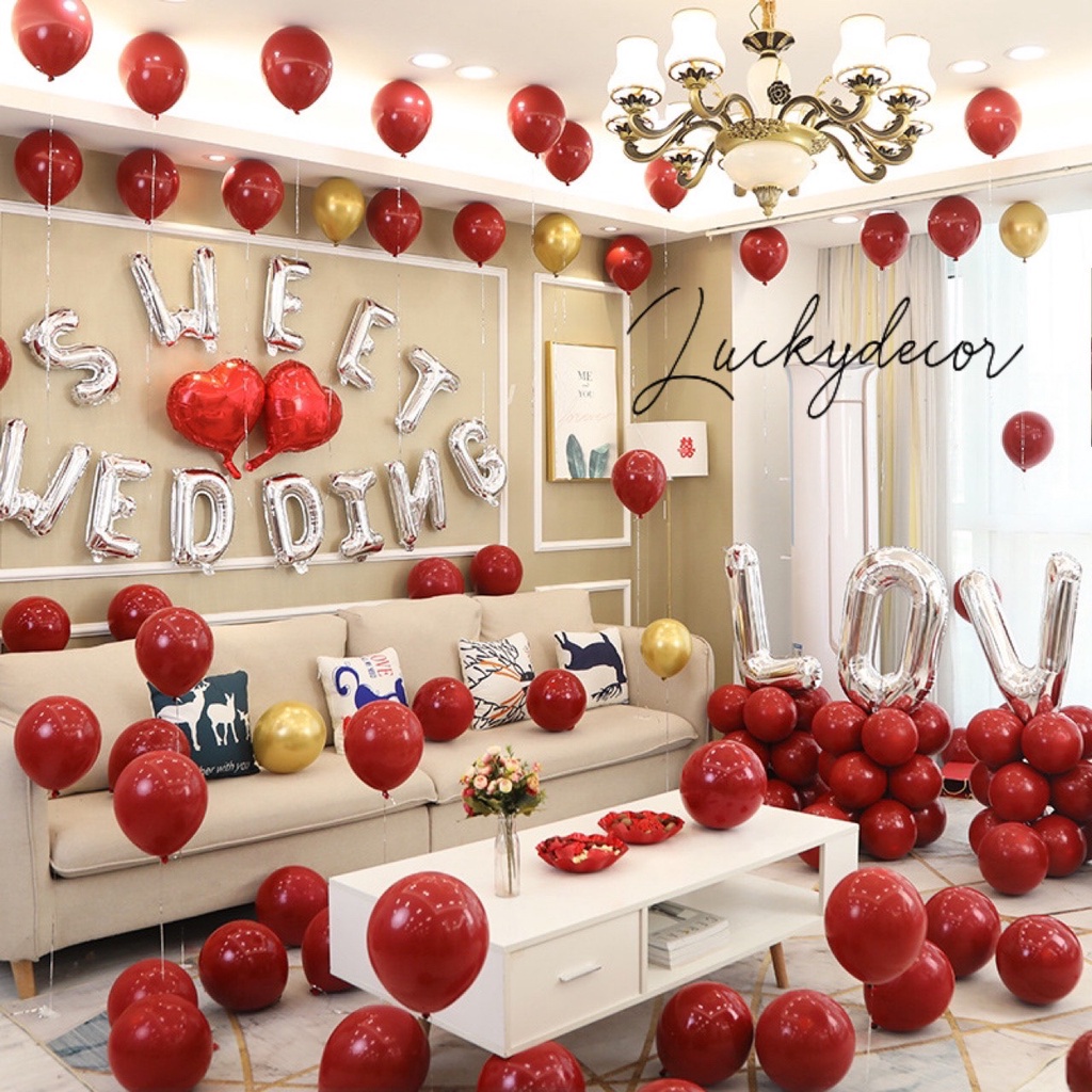(Tặng 100 cánh hoa đỏ trải giường) Set bóng bay trang trí phòng cưới hiện đại tông đỏ đậm sang trọng hot 2022
