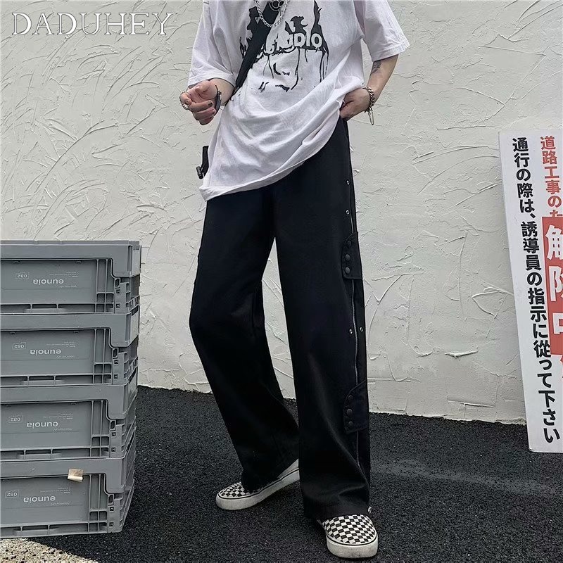 Quần dài cạp cao ống rộng phối khóa kéo phong cách Mỹ dành cho nam và nữ