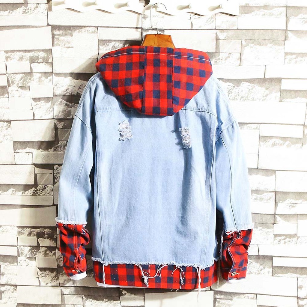 Áo khoác jean nam thiết kế phối caro đỏ, áo nam thiết kế trẻ trung năng động cá tính | BigBuy360 - bigbuy360.vn