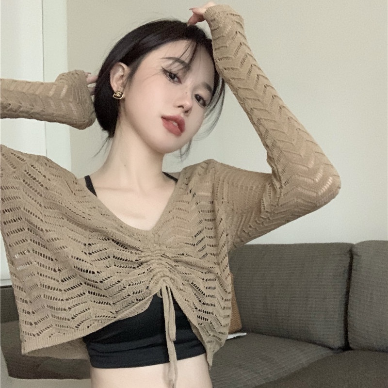 SUXI Áo Dệt Kim Tay Dài Cổ Chữ V Phối Dây Rút Màu Sắc Trơn Phong Cách Hàn Quốc Dành Cho Nữ