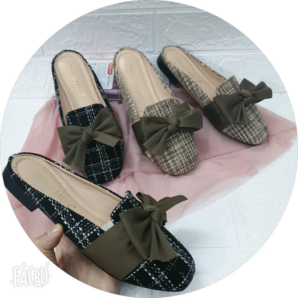Giày sục nữ - Sục kẻ nơ xinh có 2 mầu nâu và đen | BigBuy360 - bigbuy360.vn