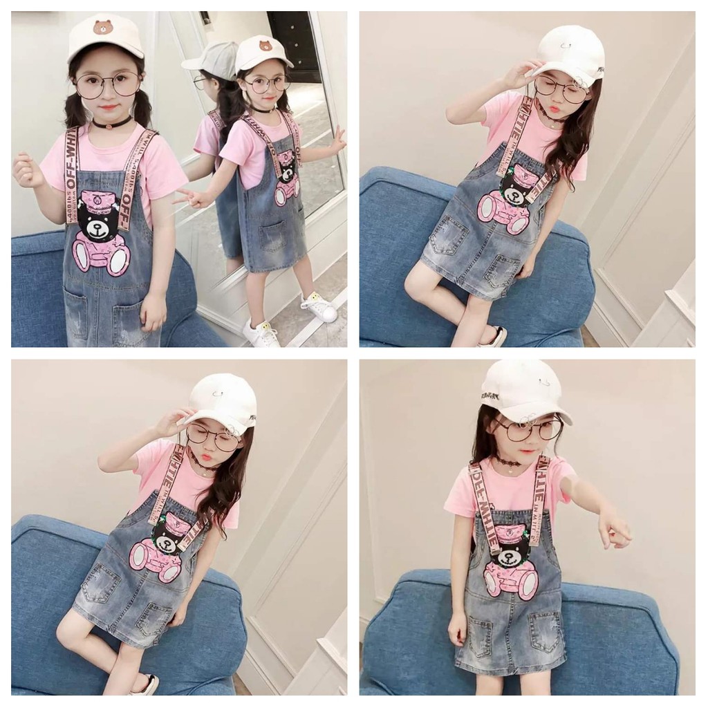 Sét yếm rin bò hình gấu kèm Áo thun cotton co giãn 4 chiều cho bé từ 10_22 kg