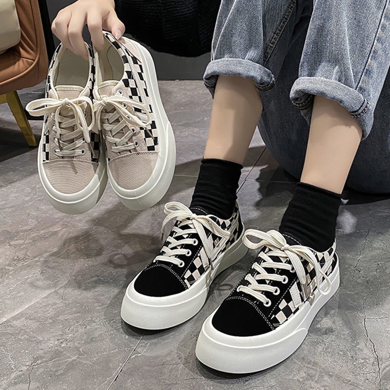 Giày Thể Thao Canvas Đế Dày Cổ Thấp Họa Tiết Kẻ Sọc Trắng Đen Thời Trang Mùa Thu Năm 2021 Cho Nữ