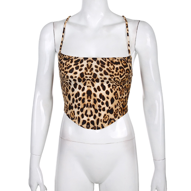 DUNEA Leopard Print Sexy Backless Cross Straps Tank Top sexy Slim Fit Halter Camisole