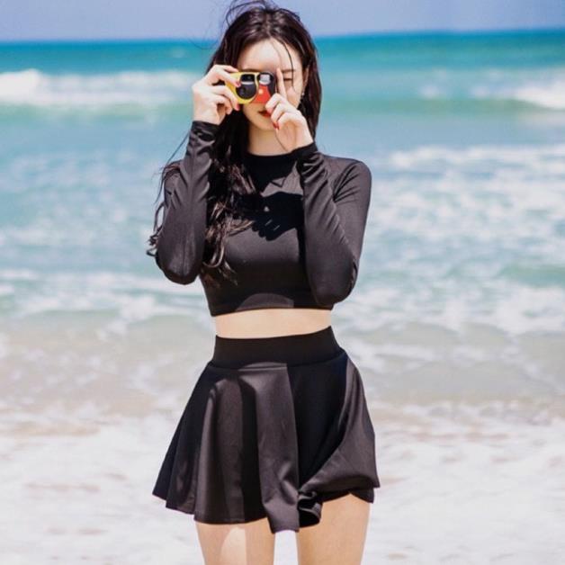 (CÓ SIZE) Bikini đi biển tay dài kín đáo- đồ bơi nữ 2 mảnh áo váy xoè- TD2MVX_CDEN 😍