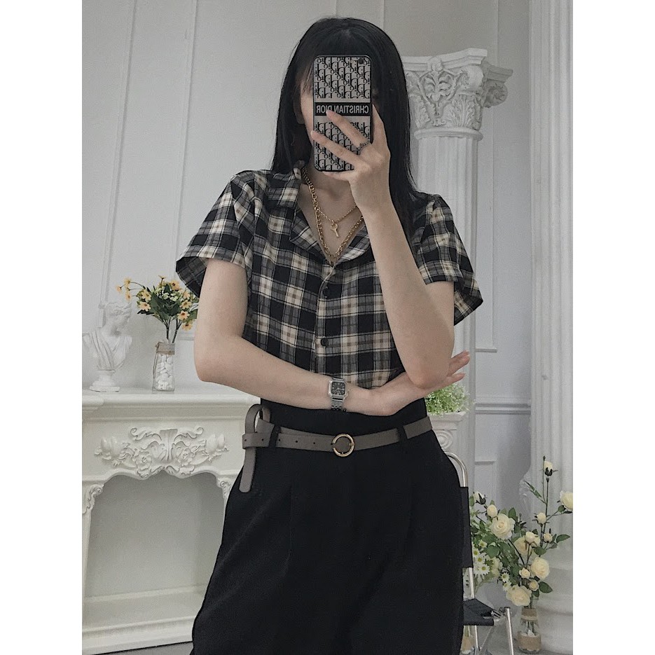 Áo croptop caro đen trắng Nhisnhis C3