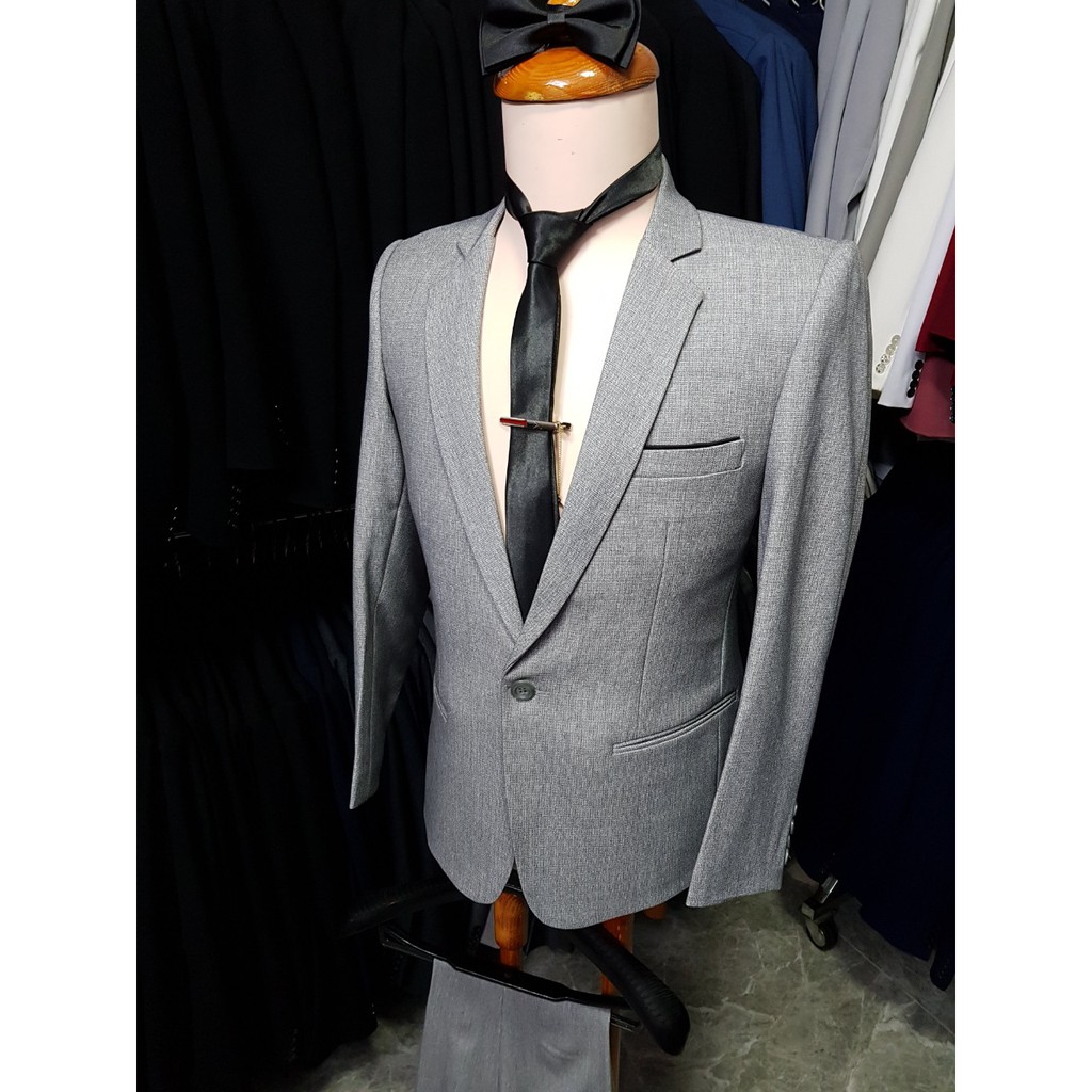 Bộ vest nam ôm body màu xám ghi chất liệu vải nhập cao cấp dày mịn + cà vạt nơ kẹp