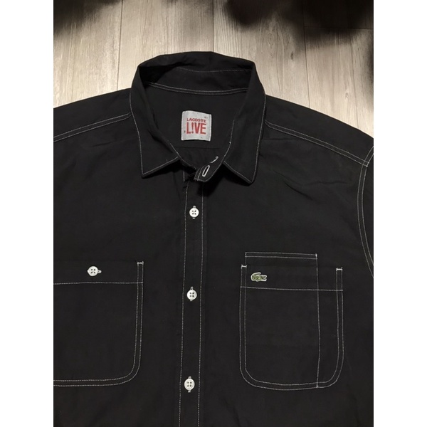Áo sơ mi dài tay Nam hiệu Lacoste L!VE màu đen phối chỉ nổi size