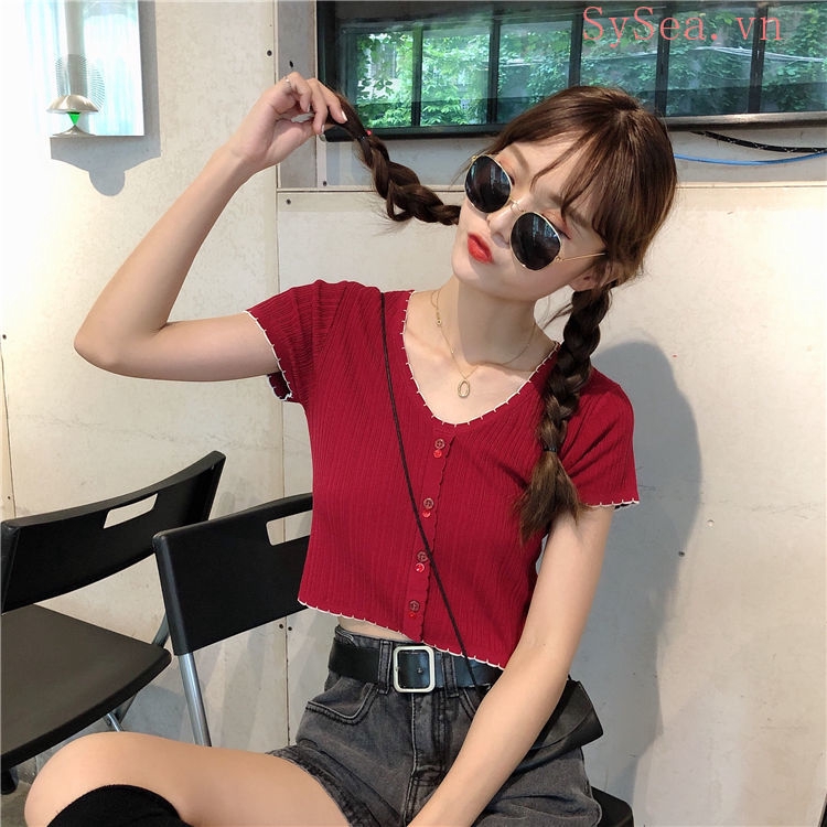 Áo Thun Lửng Tay Ngắn Cổ Chữ V Thời Trang Cho Nữ