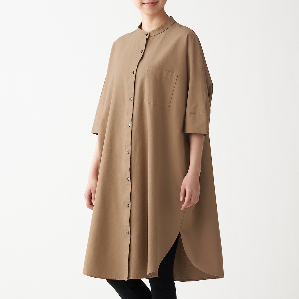 Muji Đầm Vải Oxford Cotton Tay Lửng 3/4