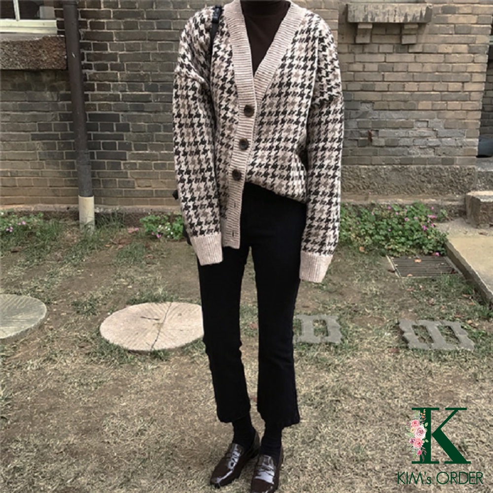 Áo len cardigan nữ phom rộng dài tay hoạ tiết kẻ vintage chất đẹp phong cách Hàn Quốc, đường phố, cá tính