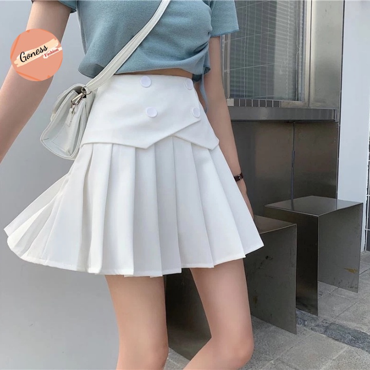 Chân váy tennis xếp ly màu trắng đen xếp li skirt cạp lưng cao ngắn chữ a phối cúc phong cách ulzzang Goness | BigBuy360 - bigbuy360.vn