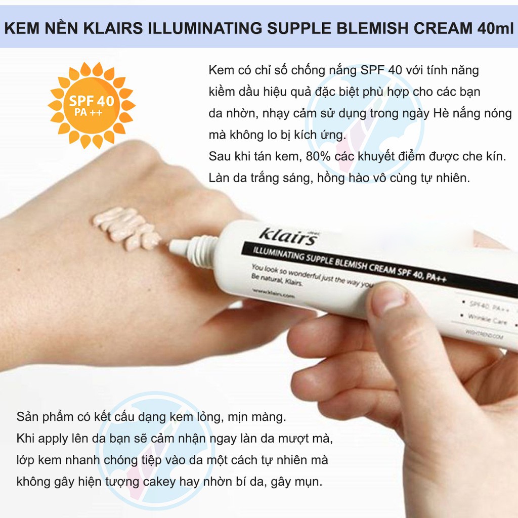 Kem Nền Nâng Tone Da Kiểm Soát Bã Nhờn Klairs Illuminating Supple Blemish Cream 40ml