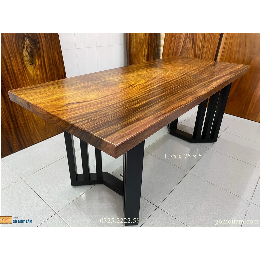 Bàn gỗ me tây nguyên tấm cho 6 ghế dài 1,75m x rộng 75cm x dầy 5cm