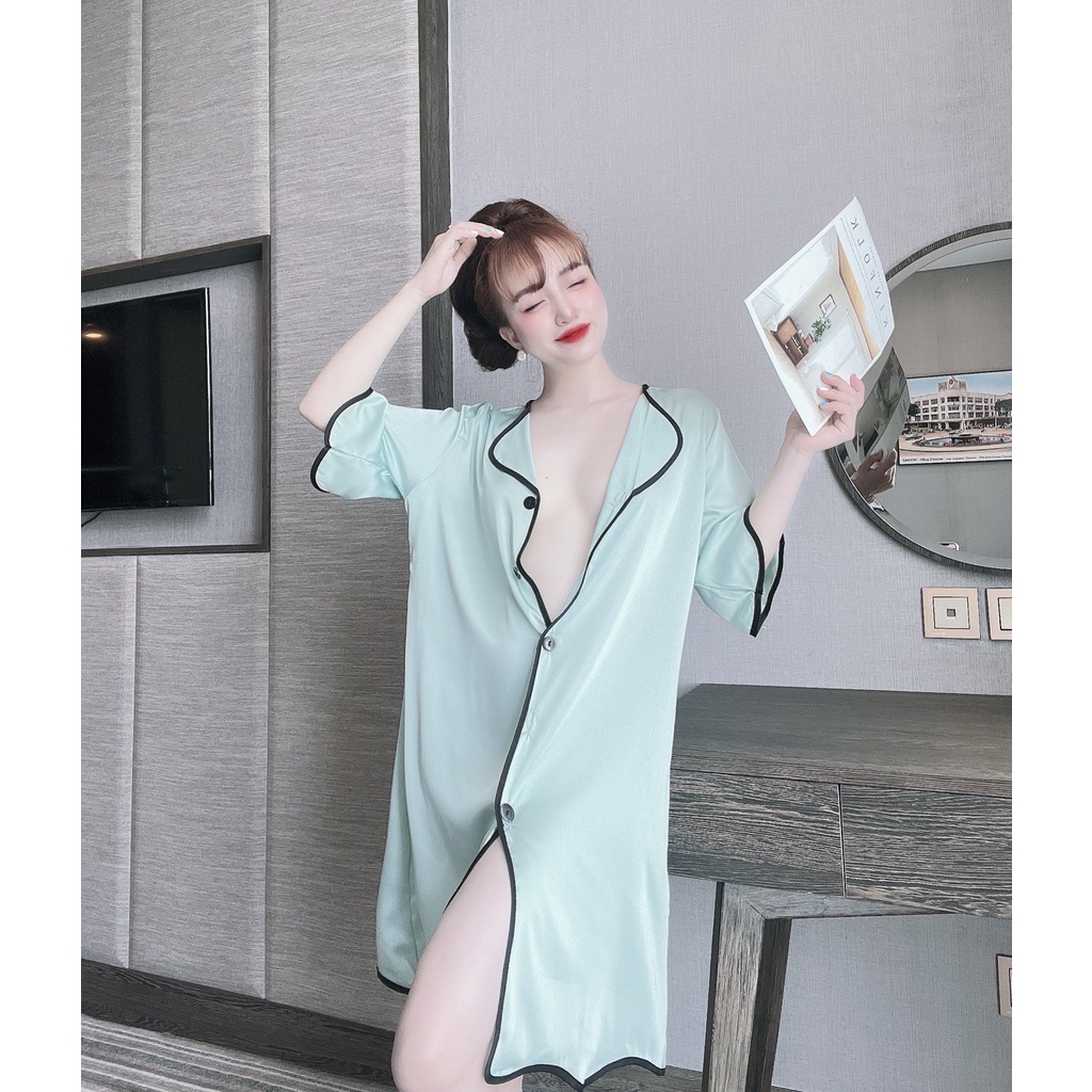 Váy Ngủ Sơ Mi Lụa Bigsize Sang Trọng   Đầm Mặc Nhà Form Suông Rộng Thoải Mái Chất Satin Cao Cấp Thoáng Mát.