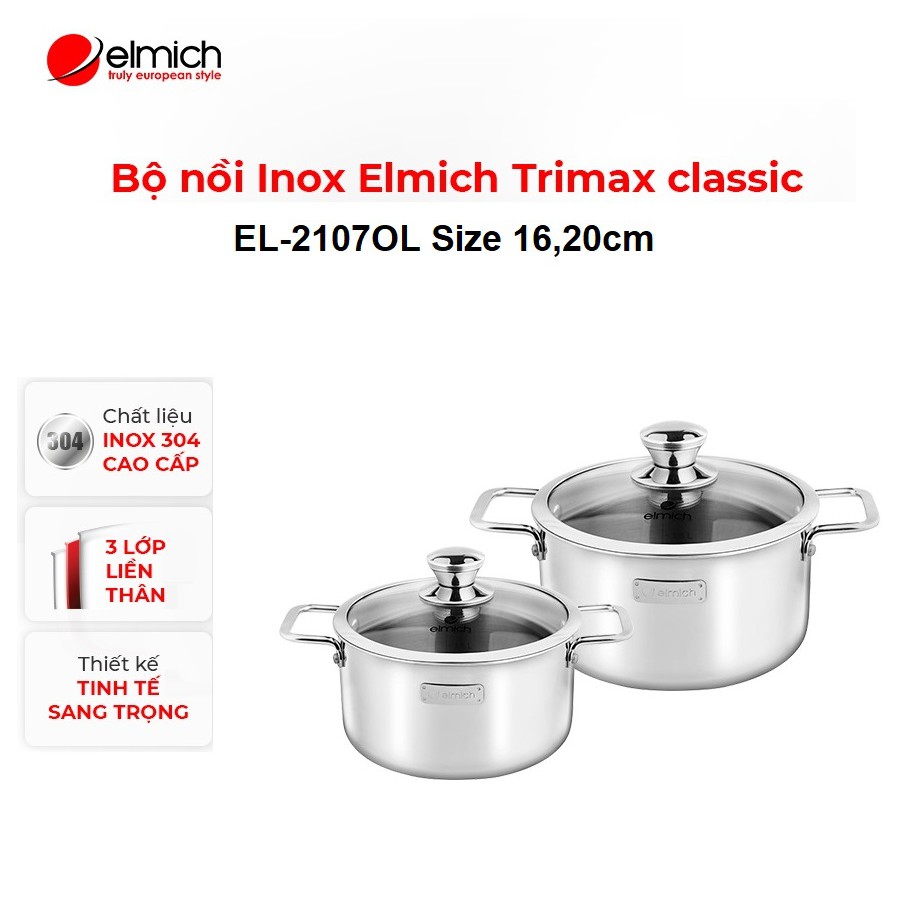 Bộ 2 nồi inox 304 cao cấp 3 đáy từ liền nguyên khối Elmich Trimax Classic EL-2107OL Size 16, 20cm