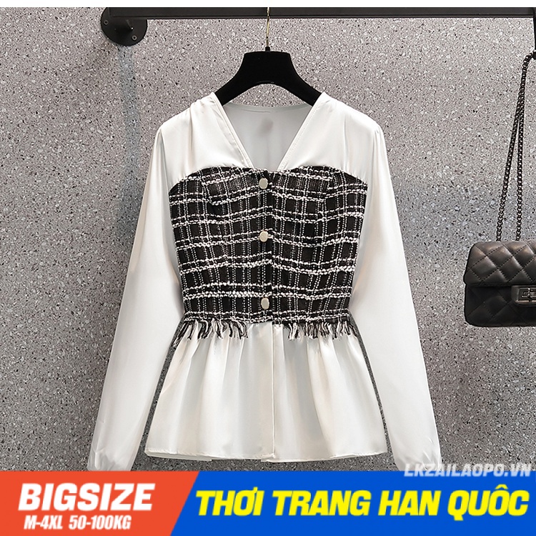 Áo sơ mi nữ Bigsize Áo tiểu thư form rộng tay dài cổ chữ v Phong cách mùa xuân Phong cách Hàn Quốc Thời Trang sang chảnh cá tính xinh đẹp quảng châu cao cấp