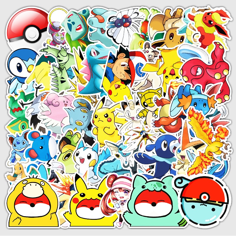 [Bộ 50 Cái] Miếng sticker cute chủ đề Pokemon Pikachu - dán nón bảo hiểm, vali, laptop loại chống nước - M40
