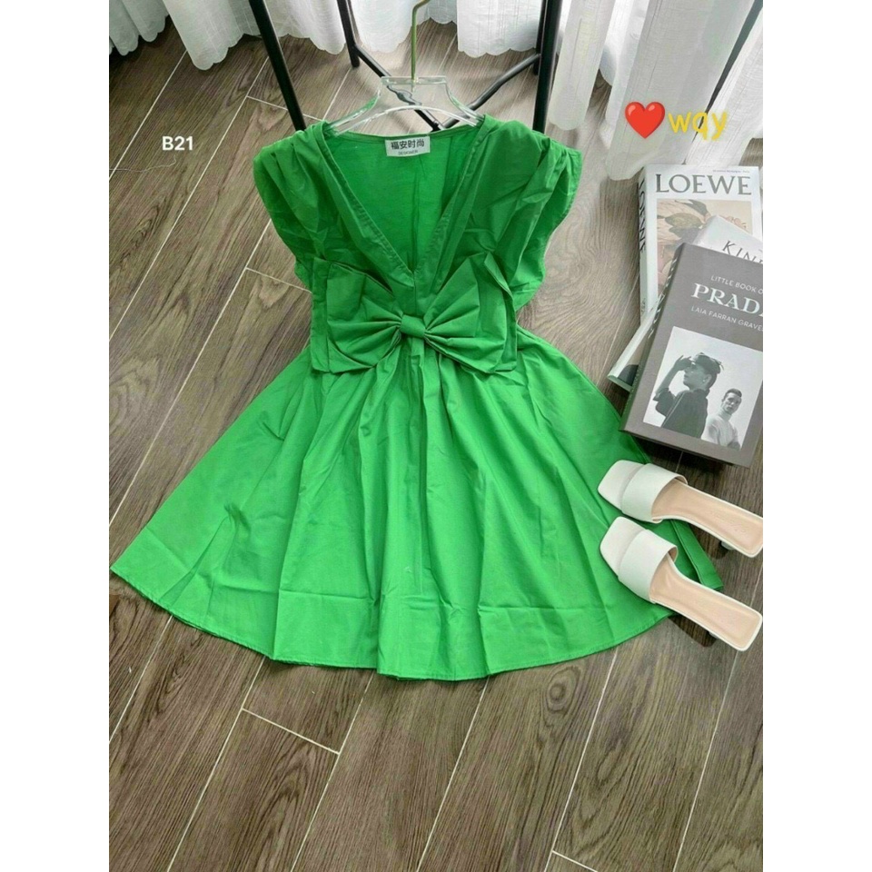 Đầm váy xoè thời trang nữ chất siu cao cấp cổ v tay ngắn có nơ to trước ngực