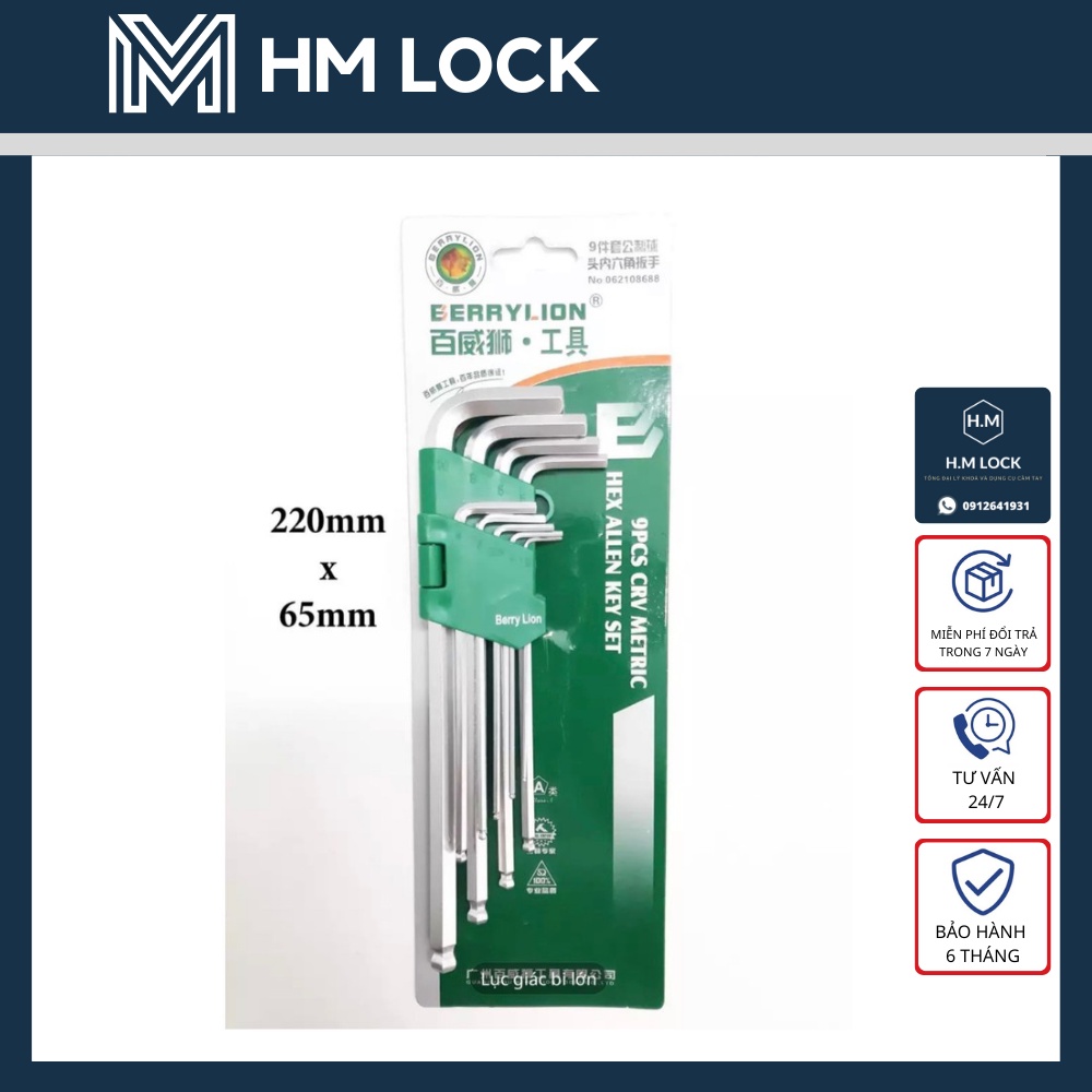 Bộ lục giác (Bi) 9 cây 2 loại Ngắn-Dài BERRYLION - Chất liệu thép CR-V6150 - Thân bọc nhựa - Độ bền cao