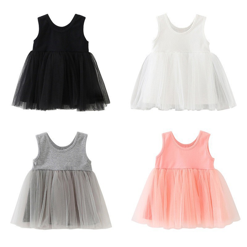 Đầm cotton cộc tay phối lưới xinh xắn cho bé gái