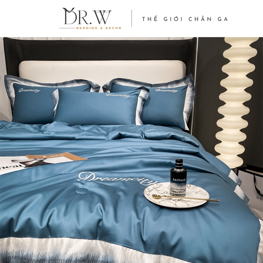 Bộ chăn ga gối nệm đệm set 4 món cotton lụa Dream City châu âu DR.W cao cấp bo chun drap giường - Thế Giới Chăn Ga